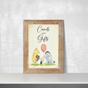 Tarjeta clásica de Winnie the Pooh y amigo y cartel de mesa de regalo, decoración de ducha de bebé,