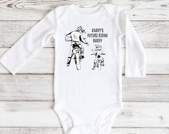 Daddy' Future Riding Buddy Baby Romper, Dirt Bike Pregnancy Announcement, Customizable Boys Clothes