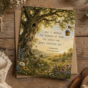 May include: A rectangular greeting card featuring a detailed illustration of a large tree in a meadow with wildflowers, a rabbit, birds, butterflies, and a birdhouse. The text reads: Age is merely the number of years the world has been enjoying you.