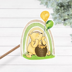 Clásico Winnie the Pooh Hunny Pot arcoíris globo impermeable laminado térmico pegatina, regalo único de Winnie the Pooh