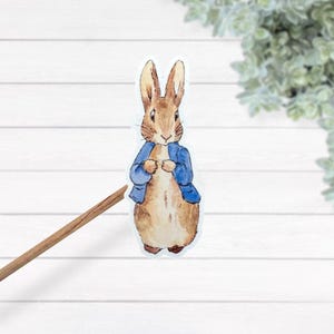May include: Watercolor illustration of Peter Rabbit wearing a blue jacket. The rabbit has brown fur and long ears. The image is a sticker or cutout, likely for crafts or decoration, set against a white wood background.