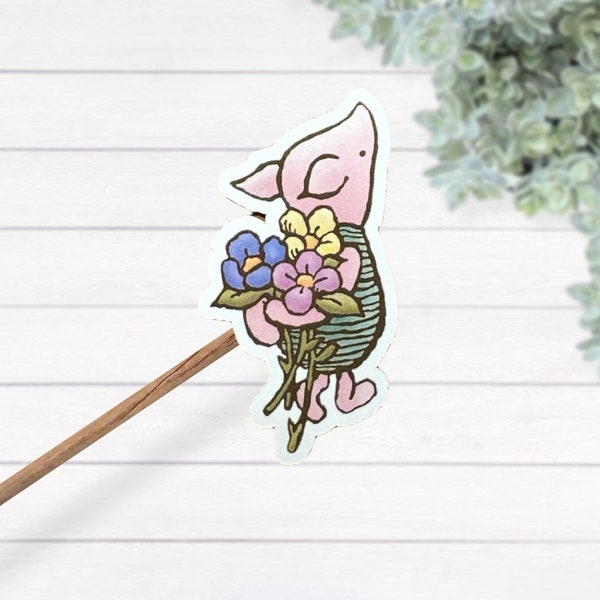 Classic Piglet Holding Flowers Thermal Laminated Waterproof Sticker, Winnie The Pooh Sticker