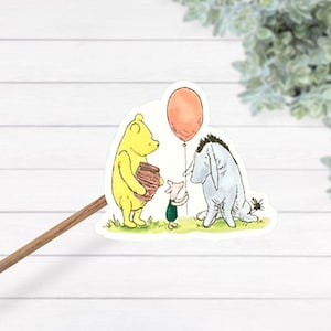 Classic Winnie the Pooh Piglet and Eeyore with a Red Balloon Thermal Laminated Waterproof Sticker, Winnie the Pooh Baby Shower