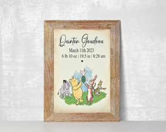 Classic Winnie the Pooh Birth Announcement Print, Nursery Decor, New Baby Details, Custom Baby Gift