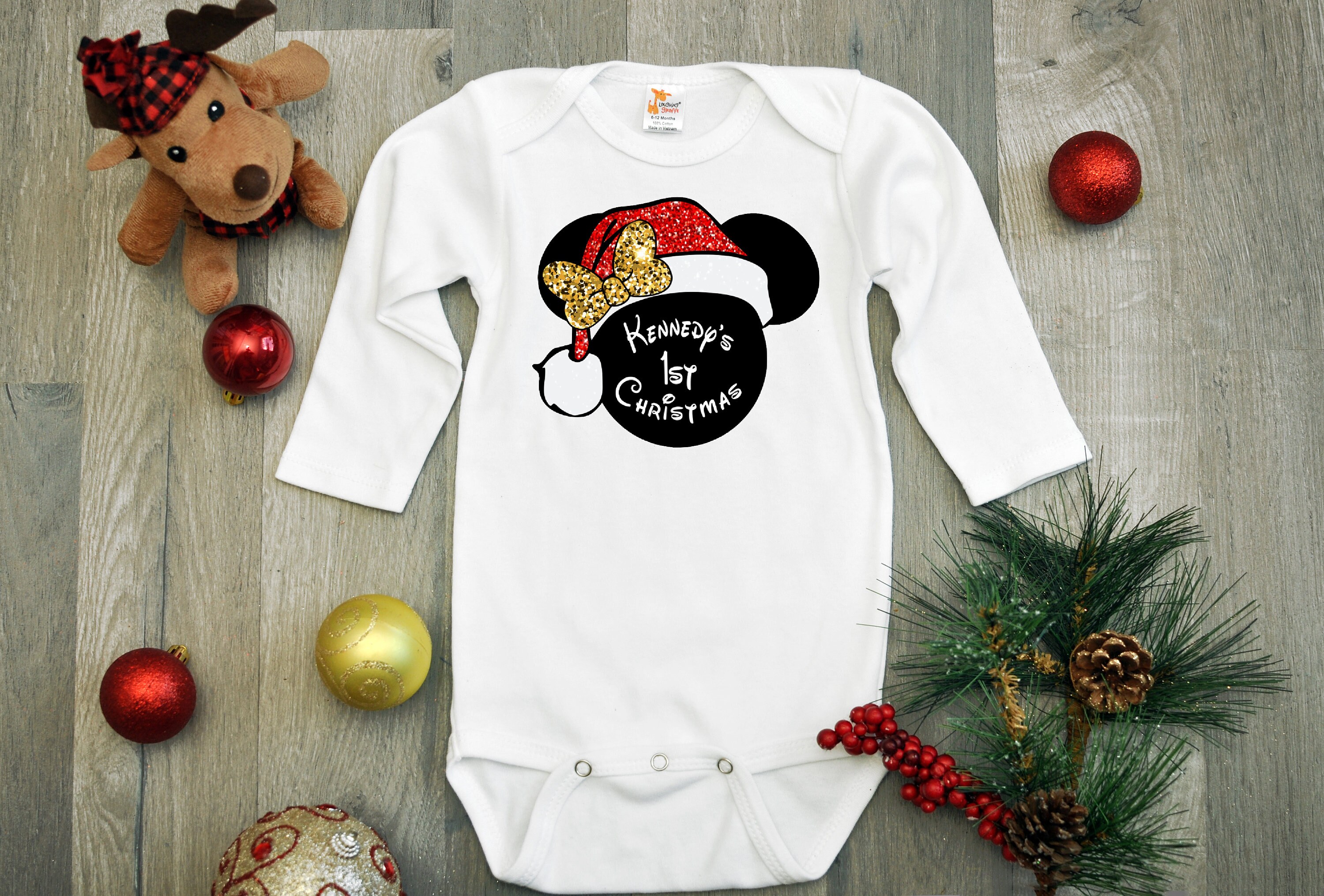 Minnie Mouse Personalized Baby s First Christmas Onesie Disney