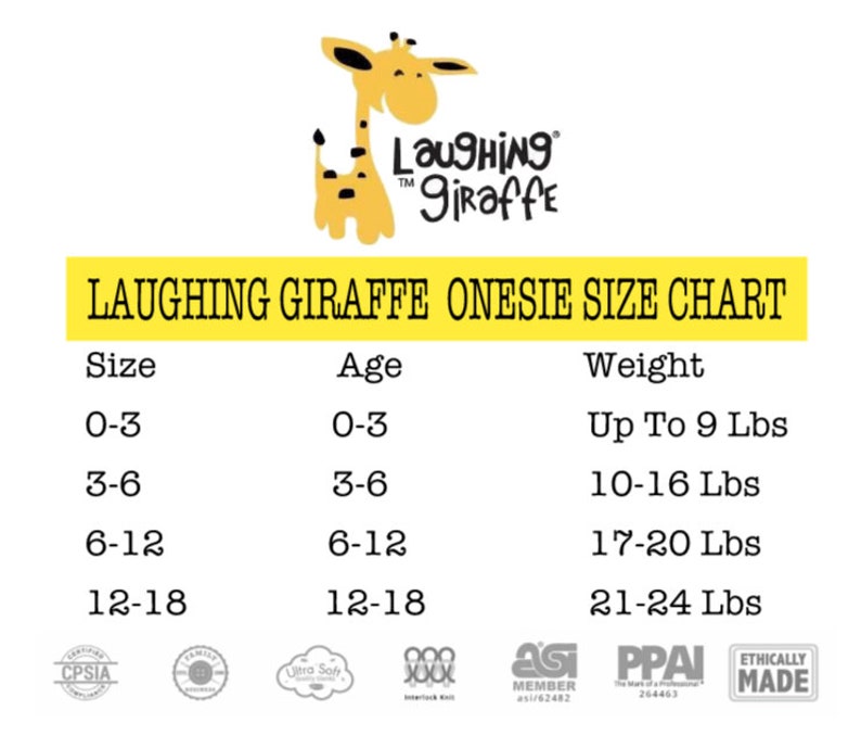 May include: A chart showing the size, age, and weight recommendations for Laughing Giraffe onesies. The chart shows sizes 0-3, 3-6, 6-12, and 12-18, with corresponding age and weight ranges.