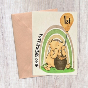 Classique Winnie l'ourson Hunny Pot arc-en-ciel carte d'anniversaire personnalisée, carte d'anniversaire ourson vintage personnalisée, carte Unique