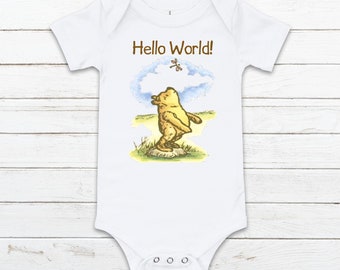Classic Winnie The Pooh Hello World Romper, Pregnancy Announcement Bodysuit, Perfect Shower Gift For The New Baby, Pregnancy Reveal