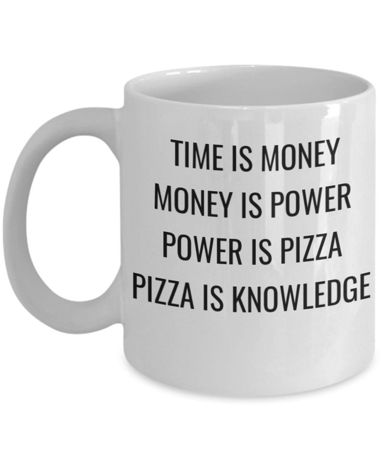Parks and recreation rec quote mug april time is money power pizza knowledge image 1