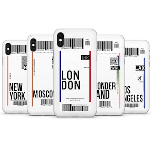 Coque de portable pour billets d'avion Londres, New York Boarding Pass, compatible avec les iPhone 16, 15, 14, 13, pour Samsung A16, A73, A54, S24fe, pour Pixel 9, 8, 7