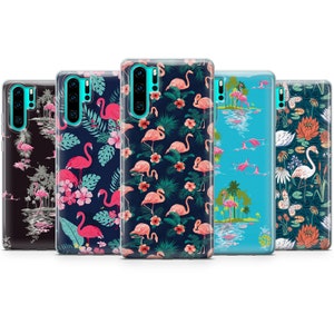 May include: Set of six phone cases featuring different tropical designs. The cases are clear and show a variety of pink flamingos, palm trees, and floral patterns.