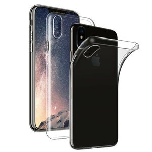 May include: A clear phone case with a black phone inside. The case is made of flexible TPU material and has a raised lip around the screen to protect it from scratches.