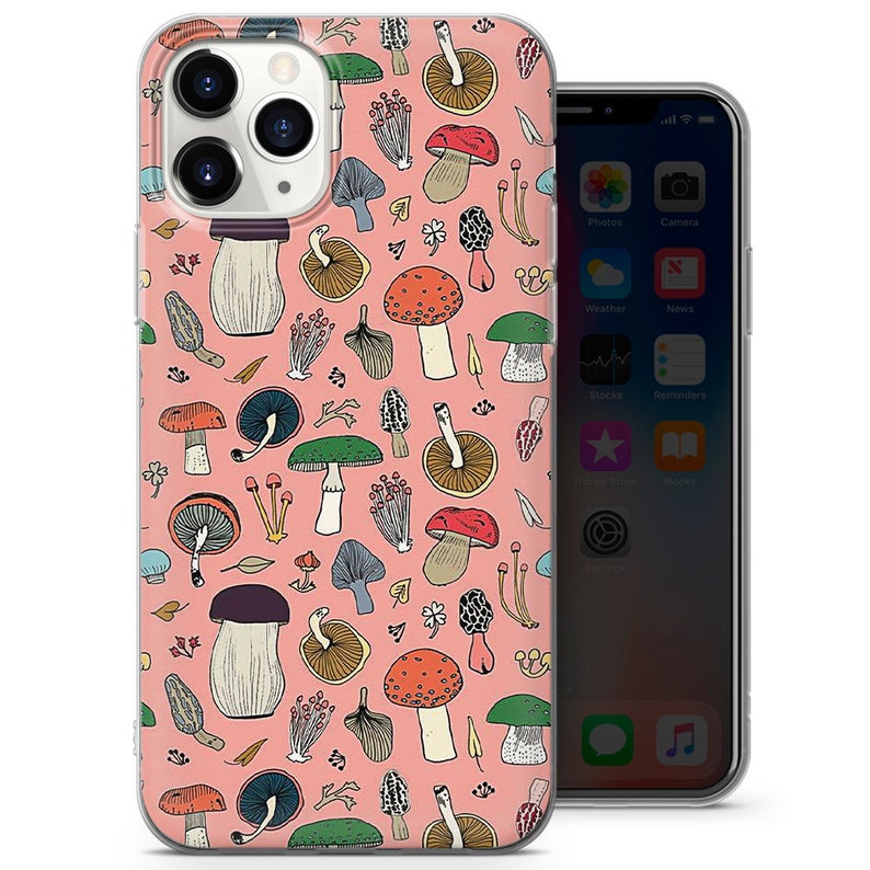 Mushroom art design phone case pink colored aesthetic art fits iphone 14 fits pixel 7