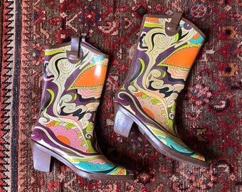 Vintage 90s Psychedelic Rubber Western Rain Boots