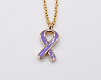 Solid Gold Awareness Ribbon Necklace - Cancer Support Jewelry, Cancer Awareness Charm Necklace, 14K Gold Gift