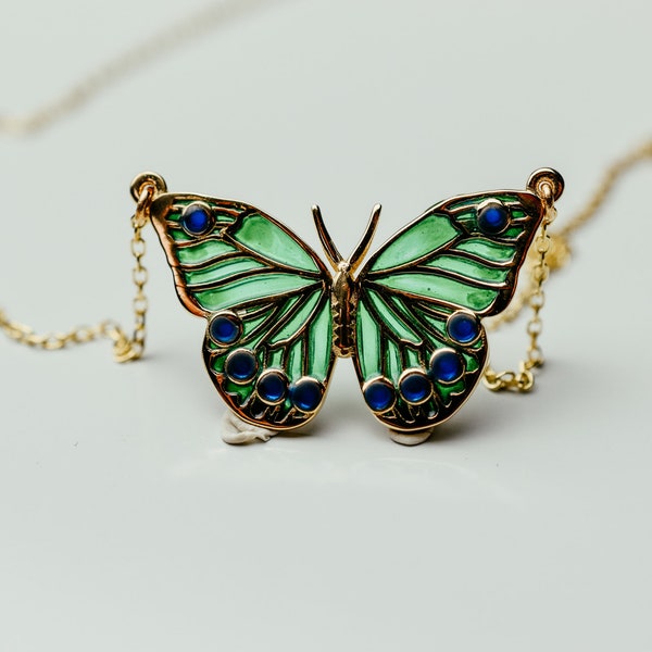 Green Enamel Butterfly Necklace - 14k Gold Butterfly Necklace, Solid Gold Butterfly Charm, Butterfly Charm Necklace, Whimsical Jewelry