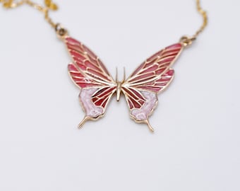 Solid Gold & Enamel Butterfly Necklace - Delicate Insect Jewelry, Dainty Butterfly Wings Necklace, 14K Gold Gift