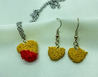 Heart Chicken Nugget Necklace & Earring Set - Fast Food - Food Jewellery - Nugget Earrings - Miniature Food Earrings - Fast Food Charm