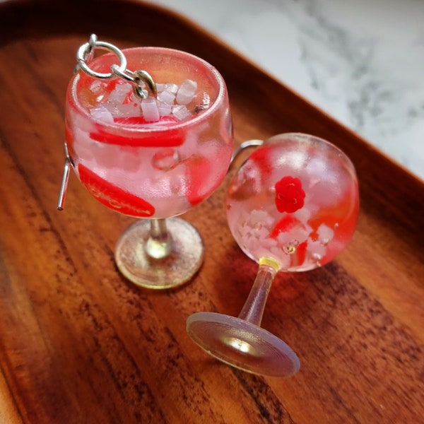 Pink Cocktail Earrings - Drink - Gin Dangle Earrings  - Mixed Fruit Cocktails - Unique Dangles - Miniature Food - Alcohol Earrings