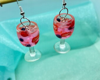 Pink Cocktail Earrings - Drink - Gin - Mixed Fruit - Unique - Miniature Food - Alcohol Earrings
