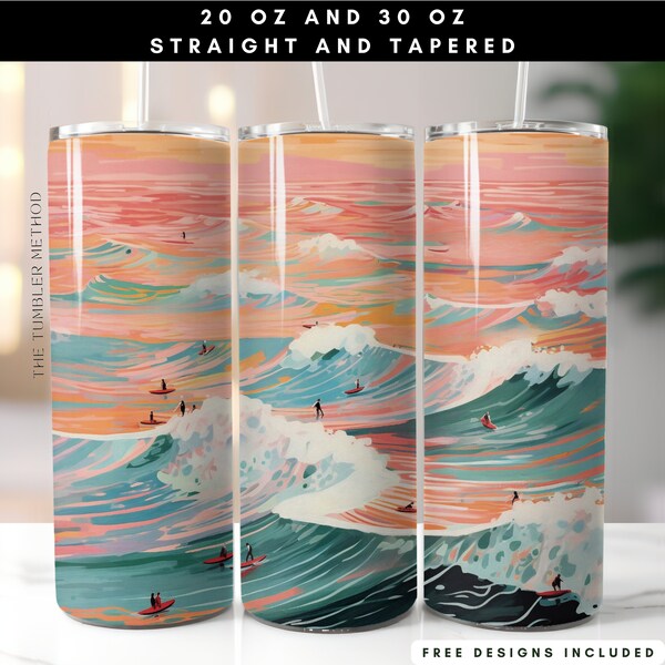 Surfing Tumbler, Surfer Tumbler Wrap, Vibrant Ocean Sunset, 20oz Skinny, 30oz Tumbler, Vacation Mug, Sublimation Designs, Digital Download