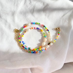 Colourful bead and pearl necklace, multi colour seed bead choker, gold and colourful beaded necklace, beaded necklace with freshwater pearls
