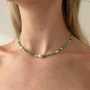 The ‘Maris’ Necklace | Green beaded shell necklace, colourful shell beaded choker, beach surfer choker, summer green and gold necklace,