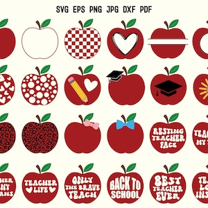 May include: Set of 20 red apple SVG cut files with various designs, including hearts, polka dots, leopard print, and text. The text includes phrases like "Teacher of Tiny Humans", "Resting Teacher Face", and "Back to School".