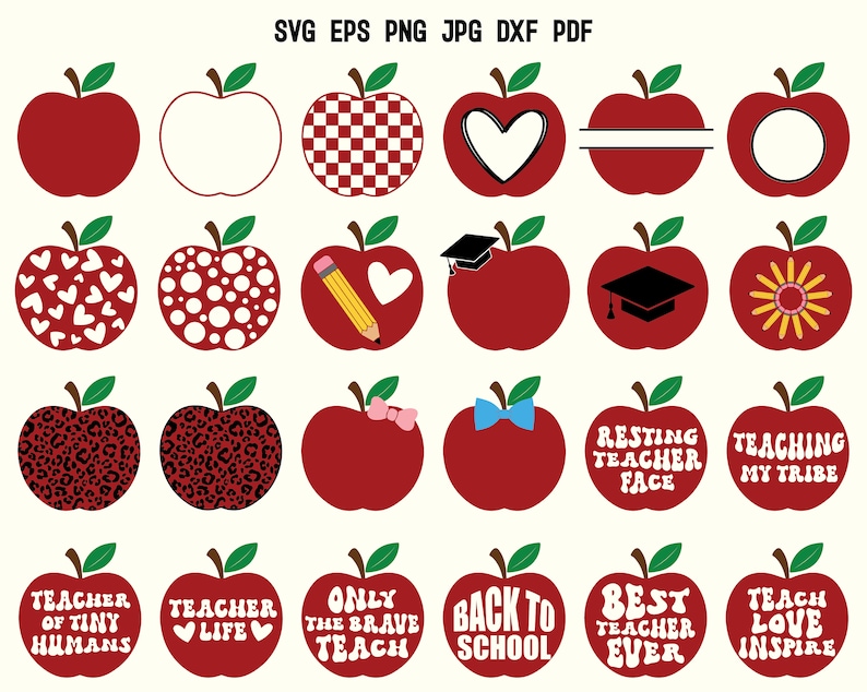 May include: Set of 20 red apple SVG cut files with various designs, including hearts, polka dots, leopard print, and text. The text includes phrases like "Teacher of Tiny Humans", "Resting Teacher Face", and "Back to School".