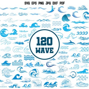 May include: A collection of 120 blue wave illustrations in various styles and sizes. The waves are outlined in black and are on a white background. The text "120 WAVE" is in a circle in the center of the image.