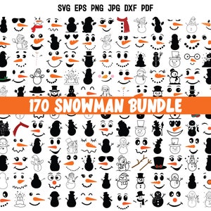 May include: A collection of 170 black and white snowman face illustrations. The faces include various expressions, hats, and accessories. The image is labeled "170 Snowman Bundle".