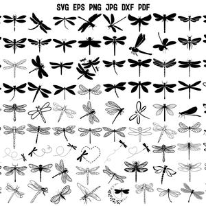 Könnte beinhalten: Eine Sammlung von 100 schwarzen und weißen Libellen-Silhouetten-Illustrationen. Die Libellen sind in verschiedenen Posen und Größen, einige mit weit ausgebreiteten Flügeln und andere mit gefalteten Flügeln. Die Illustrationen sind perfekt für Basteln, Scrapbooking und andere kreative Projekte.
