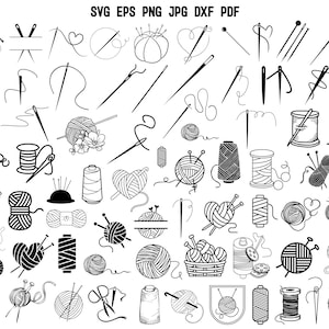 May include: A black and white illustration set of 50 sewing and knitting themed icons. The icons include needles, thread, yarn, spools, buttons, scissors, and other sewing and knitting supplies.