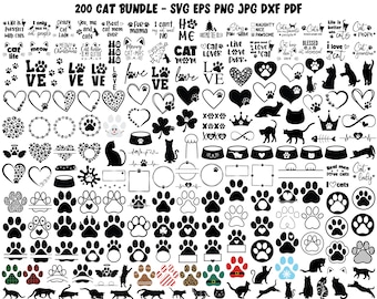 Pode incluir: Um pacote de download digital em preto e branco de 200 arquivos SVG, EPS, PNG, JPG, DXF e PDF com tema de gatos. As imagens incluem pegadas, corações, coroas e outros designs relacionados a gatos.