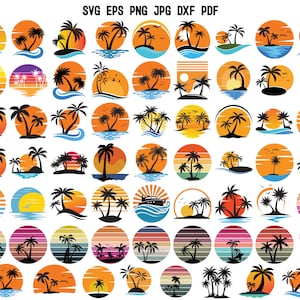 Peut inclure: Un ensemble de 40 images clipart numériques représentant des palmiers et des couchers de soleil. Les images sont de couleurs et de styles variés, notamment orange, jaune, bleu et vert. Les images sont parfaites pour une utilisation dans des projets d'artisanat, de scrapbooking et de design numérique.