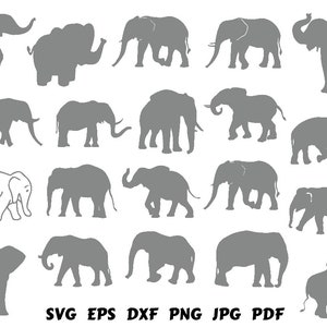 May include: A set of 20 gray elephant silhouette illustrations. The elephants are in various poses, including standing, walking, and trumpeting. The illustrations are perfect for use in crafts, scrapbooking, or digital design.