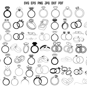 May include: A collection of 60 black and white ring and engagement ring SVG cut files. The rings are in various styles, including simple bands, rings with diamonds, and rings with hearts.