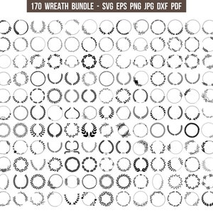 May include: A set of 170 black and white wreath illustrations. The wreaths are made of various leaf and branch designs. The wreaths are all circular in shape and are arranged in a grid pattern.