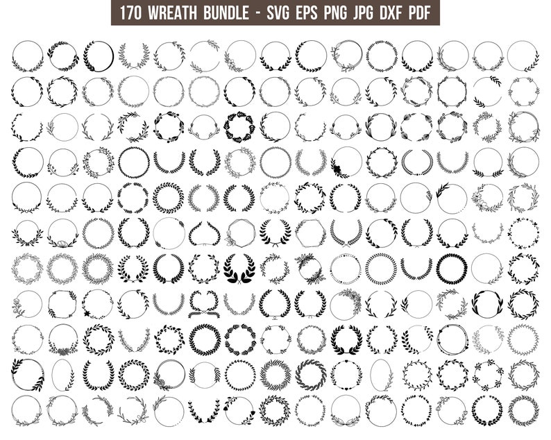 May include: A set of 170 black and white wreath illustrations. The wreaths are made of various leaf and branch designs. The wreaths are all circular in shape and are arranged in a grid pattern.