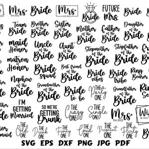 May include: A black and white graphic design sheet with text for a wedding party. The text includes titles like "Bride", "Bride Tribe", "Maid of Honour", "Mother of the Bride", "Future Mrs.", "Wifey", "The Old One", "The Funny One", and "The Crazy One".