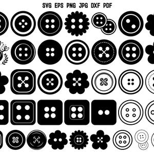 Könnte beinhalten: Eine Sammlung von schwarzen und weißen Knöpfen in verschiedenen Formen und Größen. Designs umfassen runde, quadratische und blütenförmige Knöpfe mit zwei oder vier Löchern oder dekorativen Kreuzmustern. Der Text "SVG EPS PNG JPG DXF PDF" ist ebenfalls enthalten.