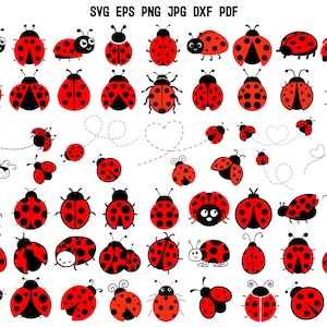Puede incluir: Una colección de 50 ilustraciones de mariquitas rojas y negras en varias poses. Las mariquitas son de estilo de dibujos animados y tienen manchas negras. Las ilustraciones son perfectas para manualidades, scrapbooking y otros proyectos creativos.