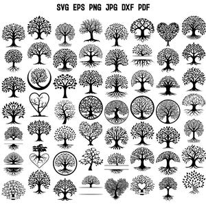 May include: A collection of 50 black and white tree silhouette SVG cut files. The tree silhouettes are in various styles, including traditional, whimsical, and abstract.
