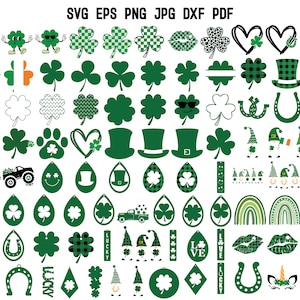 May include: A collection of 50 digital cut files featuring various St. Patrick's Day themed designs. The designs include shamrocks, gnomes, horseshoes, rainbows, and more. The designs are in black, green, and white.