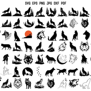 Puede incluir: Una colección de 50 ilustraciones de siluetas de lobos en blanco y negro. Los lobos están en varias poses, incluyendo aullar, correr y estar de pie. Las ilustraciones son perfectas para usar en proyectos de manualidades, scrapbooking o diseño digital.