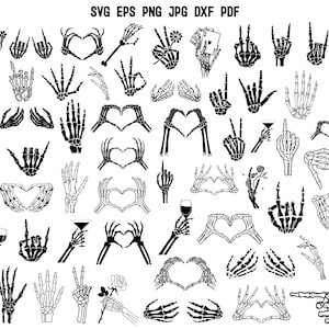 May include: A collection of black and white skeleton hand illustrations. The hands are depicted in various gestures, including heart shapes, peace signs, and the 'rock on' hand sign. The image also includes the text 'SVG EPS PNG JPG DXF PDF'.