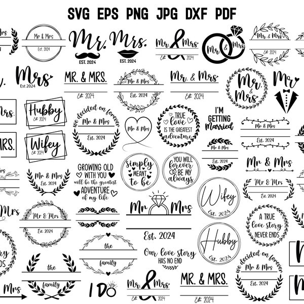 Mr and Mrs 2024 Svg Hand Lettered Mr Mrs 2024 Split Monogram Marriange Svg Wedding SVg Hubby Wifey Since 2024 Svg Wedding Decor Groom Bride