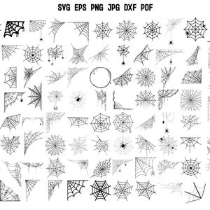 Könnte beinhalten: Eine Sammlung von schwarz-weißen Spinnennetz-Designs in verschiedenen Formen und Größen. Einige Netze haben Spinnen. Das Bild enthält den Text "SVG EPS PNG JPG DXF PDF".