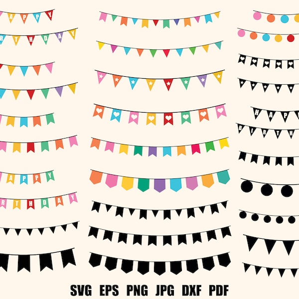 Bunting Birthday SVG PNG Clipart Bunting Banner Svg Happy Birthday Banner Svg Birthday Party Bunting SVG Silhouette Garland Svg Flag Decor