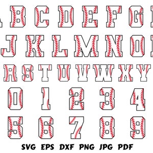 Czcionka baseballowa Svg Litery baseballowe Svg Alfabet baseballowy Svg Numery baseballowe Svg Czcionka sportowa Svg Baseball SVG Wektorowy plik do cięcia Cricut PNG DXF